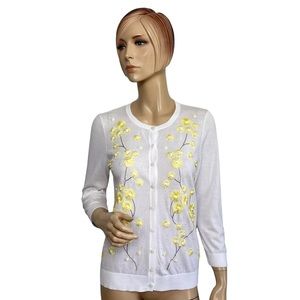 Talbots Yellow Floral Embroidered Cardigan Sweater White Cotton Daisy Small